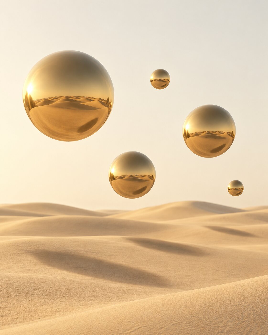 Esferas de ouro flutuando sobre dunas